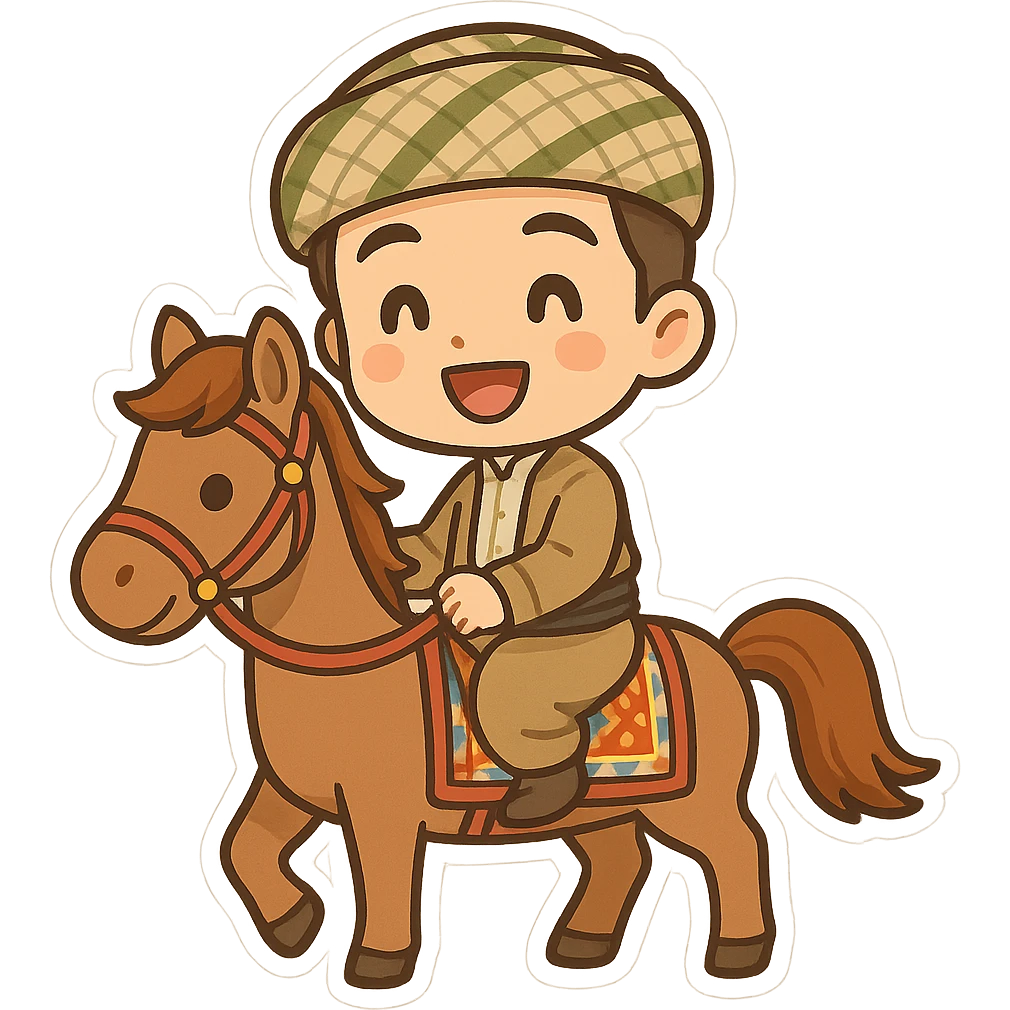 cartoon sticker of a happy Kurdish groom wearing traditional clothing, riding a horse alone like in old Kurdish wedding ceremonies, colorful, no text, suitable for WhatsApp and Instagram emoji