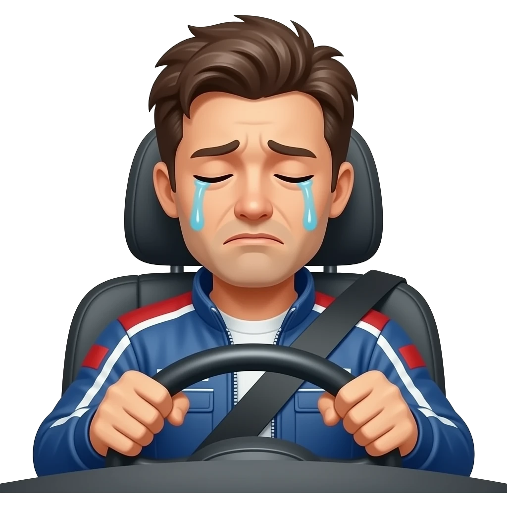 Totally tired vtc driver. He is crying because he is so tired. he is driving, we can see his hands on the wheel. emoji