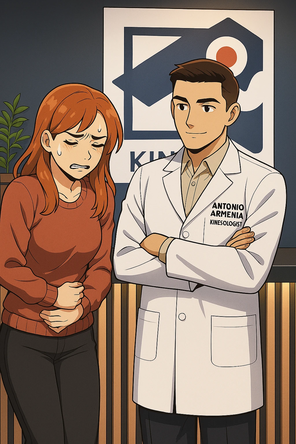 su questo stile fai un manga/webtoon a colori in cui una donna si lamenta che sta male e ha mal di pancia, l'uomo della foto in stile manga gli risponde, mantieni un ambiente simile alla foto che ho allegato con il suo logo (sarebbe il suo studio, lui è un kinesiologo), scrivigli "ANTONIO ANANIA" sul camice bianco, non mettere fumetti, ma fai in modo che sembri che la donna chiede una cosa e l'uomo risponde alla sua domanda emoji
