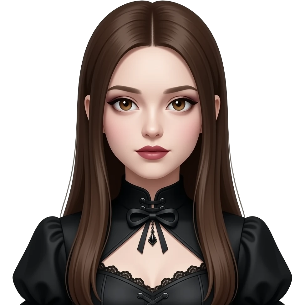 realistic pretty white skin long straight brown hair girl brown eyes long face wearing gothic and gothic makeup dress HD emoji