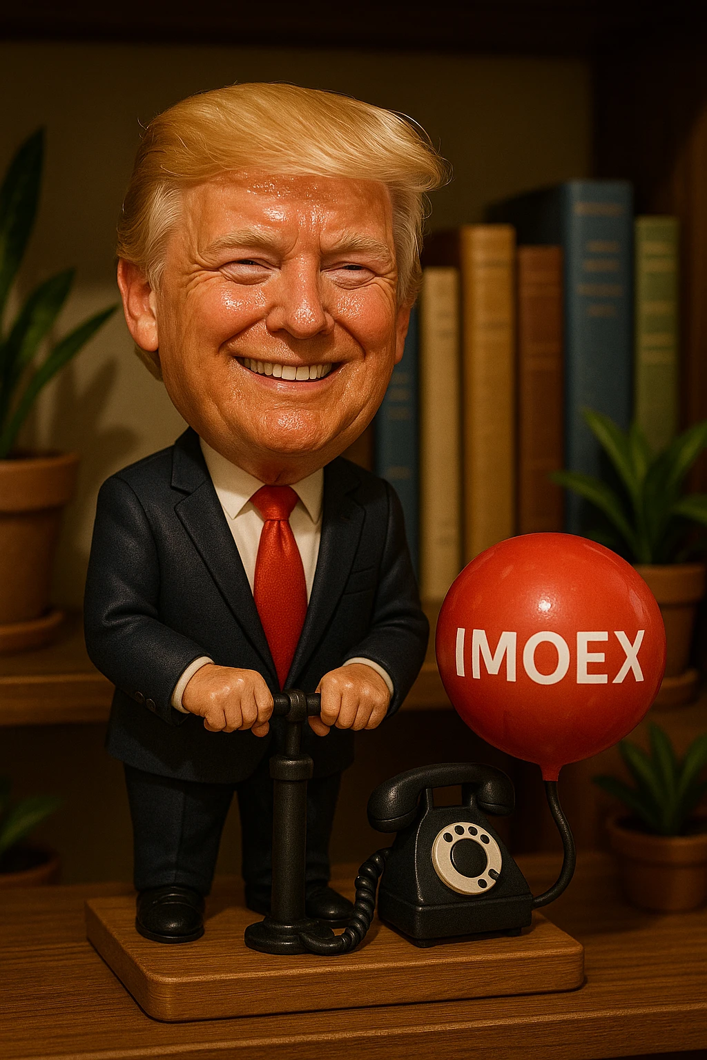 Дональд Трамп  улыбается в поте лица качает через насос в виде телефонного аппарата, который подключен к шарику, который символизирует фондовый рынок и на нём написано IMOEX emoji