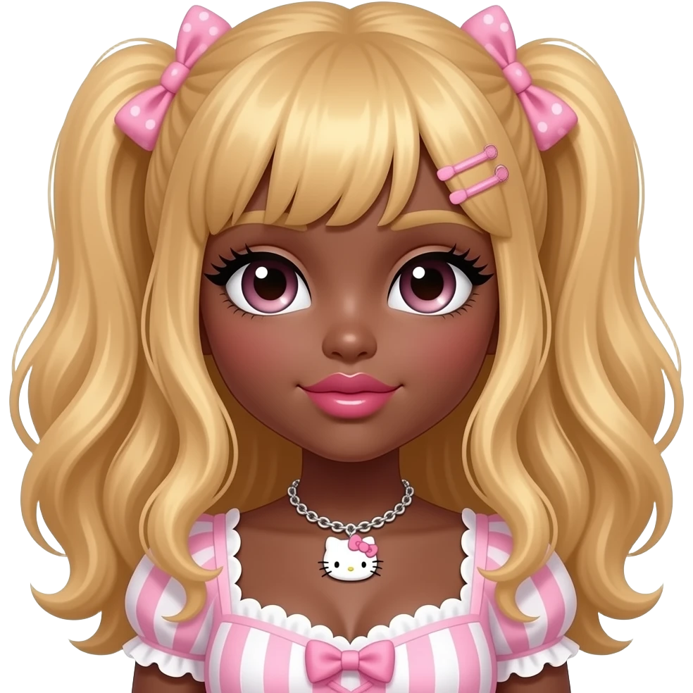 heart shaped lips, cute glossy lips, doll eyes with long lashes, dark brown skin, honey blonde hair, big chest, hello kitty necklace, one bow clip, bimbocore outfit emoji