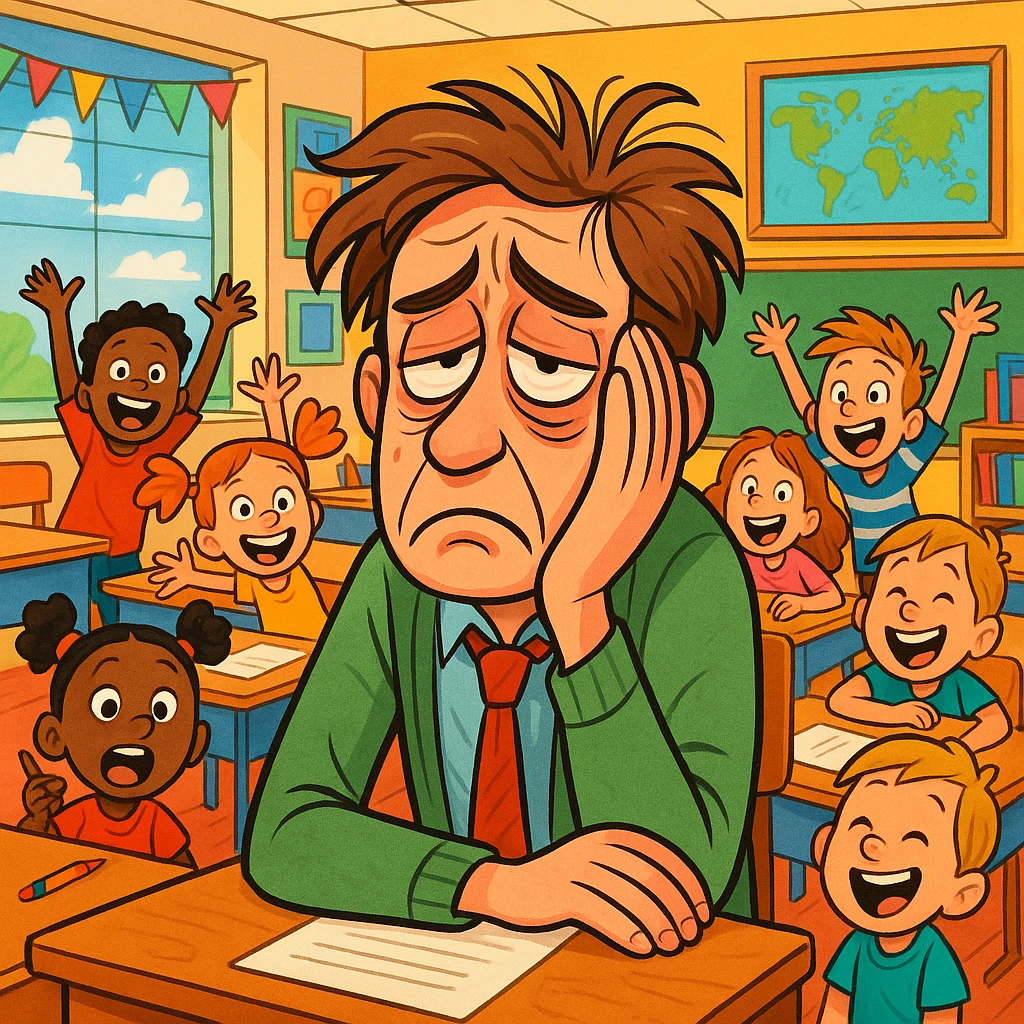 digital cartoon art of a exhausted teacher in a bustling classroom emoji