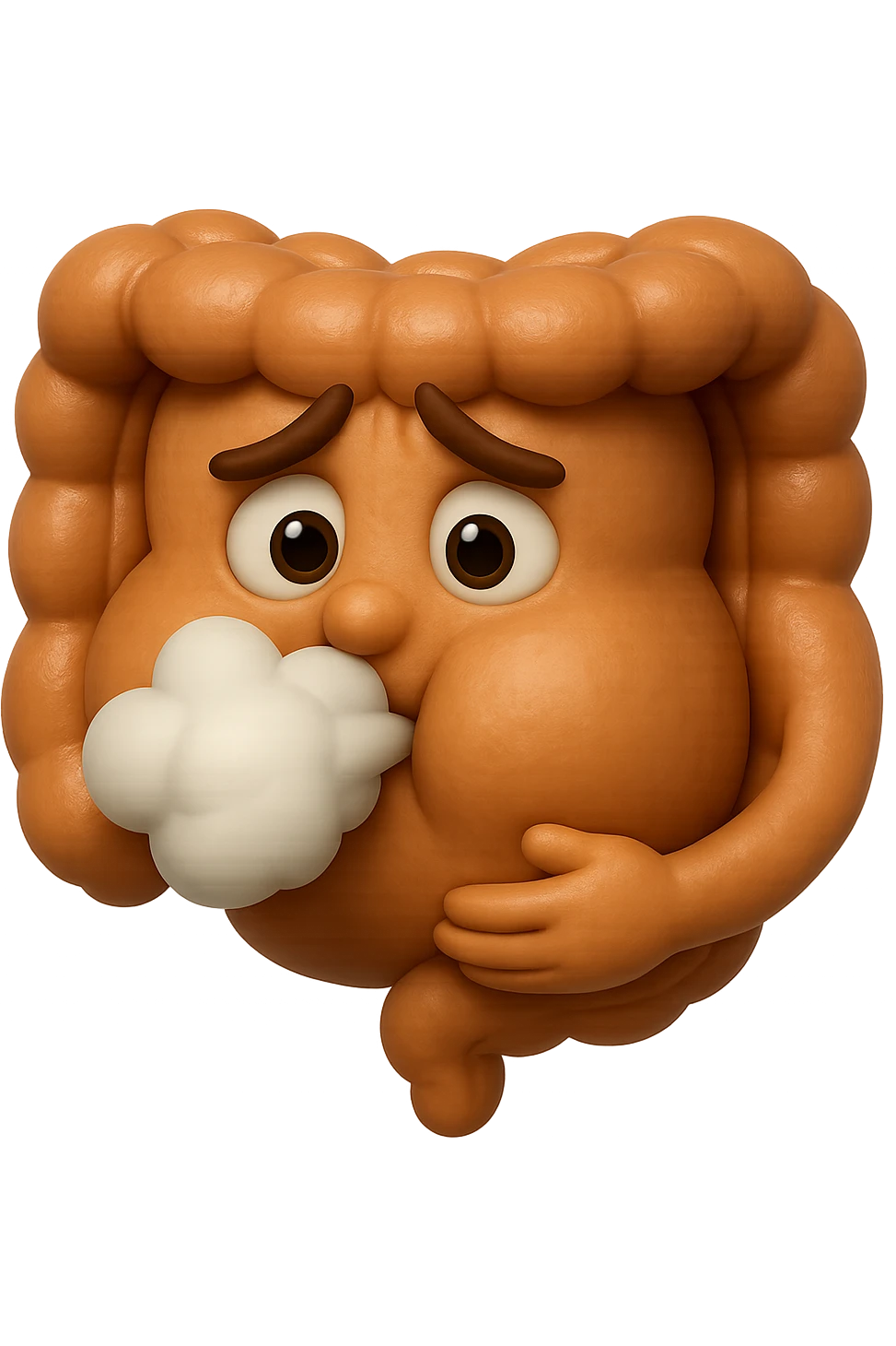 emoji stile iphone di un intestino che ingoia una nuvoletta di aria ben visibile e gli si gonfia la pancia, iperrealistico 4k emoji