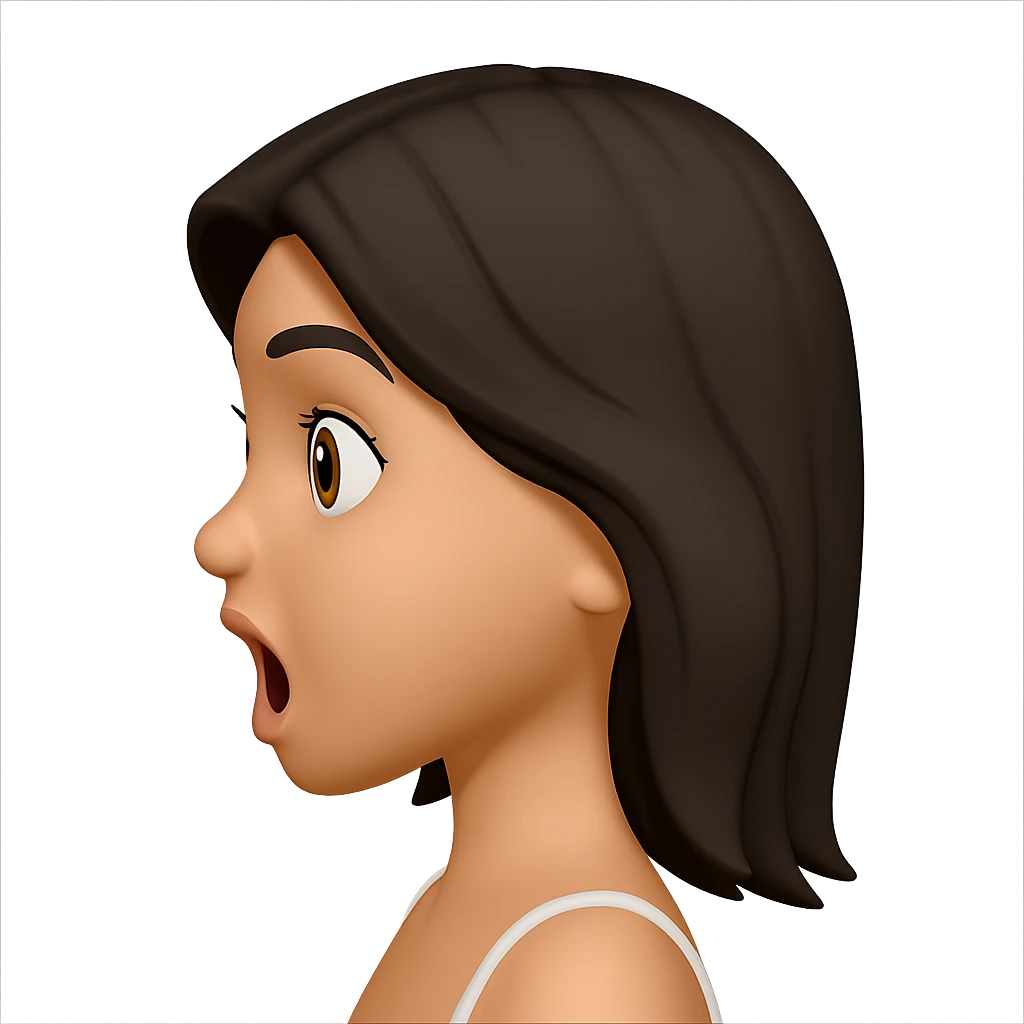 Create a side profile view of this girl's head in Apple emoji style with a surprised expression, 3D look, and soft shading on a transparent background. Maintain the Apple emoji style characteristics with a 3D appearance and soft shading. emoji
