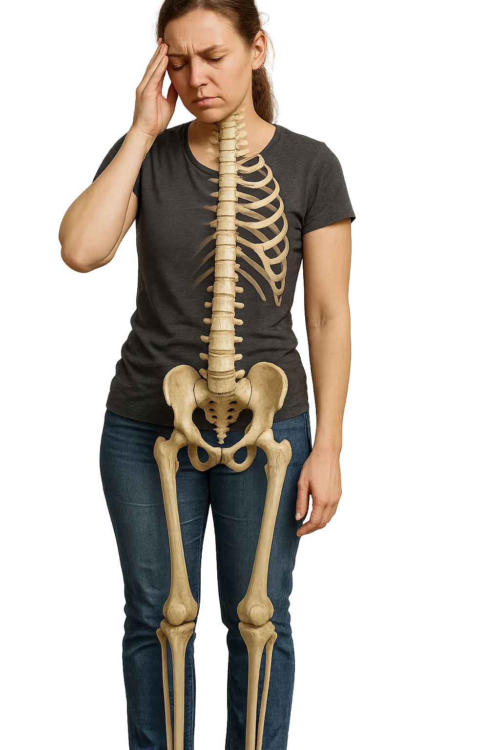 donna stanca a figura intera che si tiene una mano sulla tempia con spina dorsale anatomica visibile, iperrealistico 4k emoji