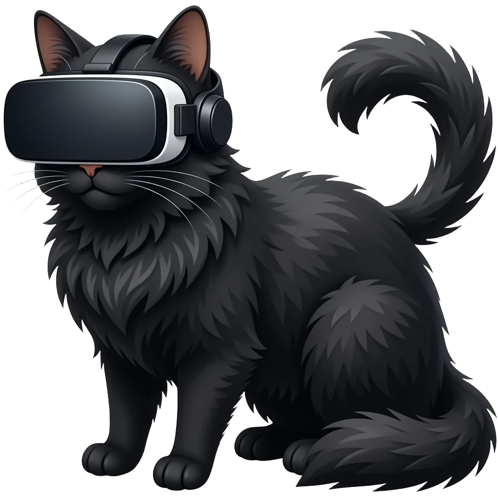 ((black cat longhaired)) ((black paws nose)) ((green eyes)) playing virtual reality headset emoji