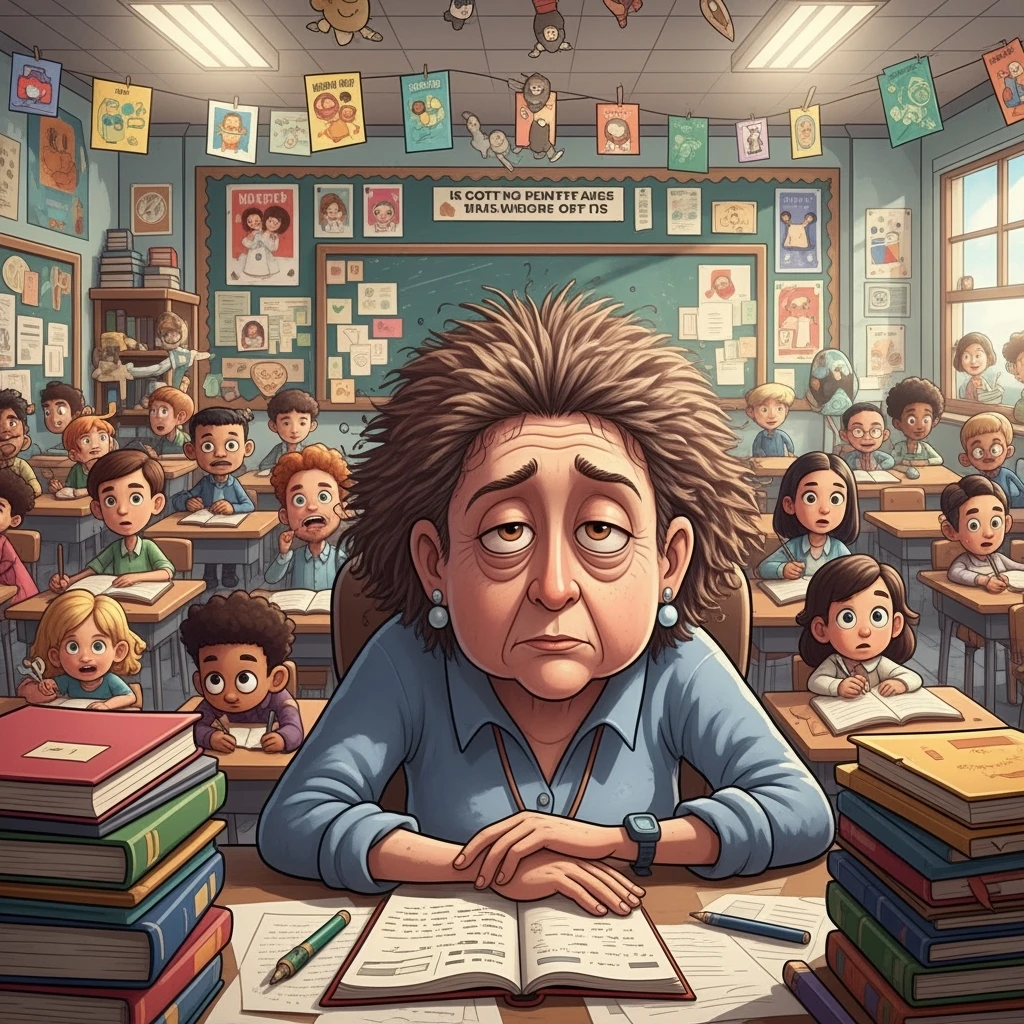 digital cartoon art of a exhausted teacher in a bustling classroom emoji