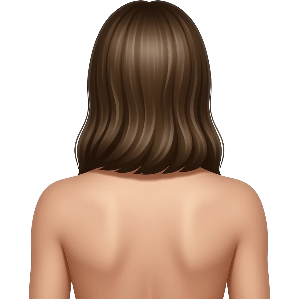 Back view of a woman with bare upper back, long hair worn down naturally over the back, smooth clear olive-toned skin with minimal blemishes, visible shoulder blades and subtle spine definition, neutral posture, soft natural lighting emoji