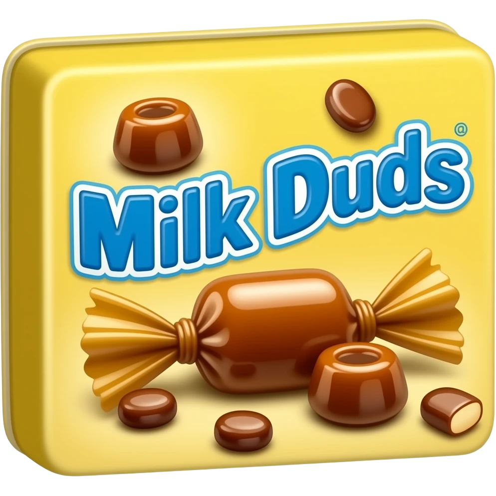 Rectangular yellow box with round Carmel candies depicted and says Milk Duds on the front emoji