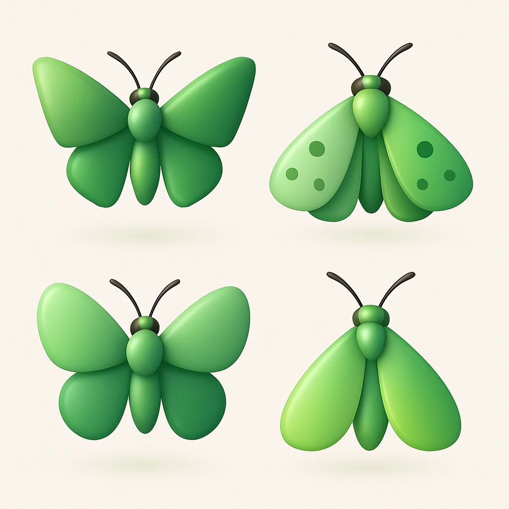 Create more variants of a green moth in 3D iOS style with different shapes and shades of wings, volume, glossy shine, soft shadows, light background, modern minimalism. emoji