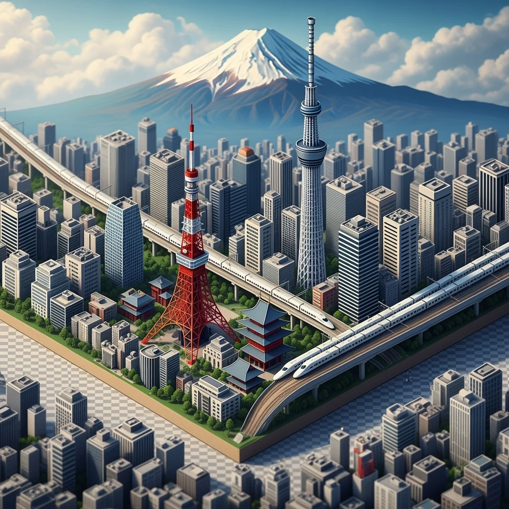 Isometric illustration of Tokyo, with photorealistic detailed miniature cityscape included Tokyo Tower, Skytree, Shibuya Crossing, Mount Fuji in background, high-speed trains, subtle 3D miniature effect and Tilt Shift effect, no cartoonish look, transparent background. emoji