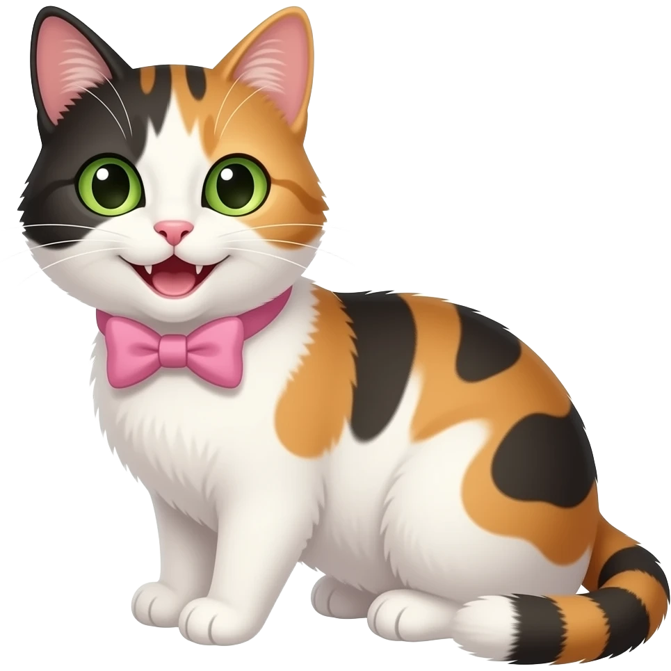 Una gata calico sonriendo con un corbatin color rosa pastel sus ojos son de color verde emoji