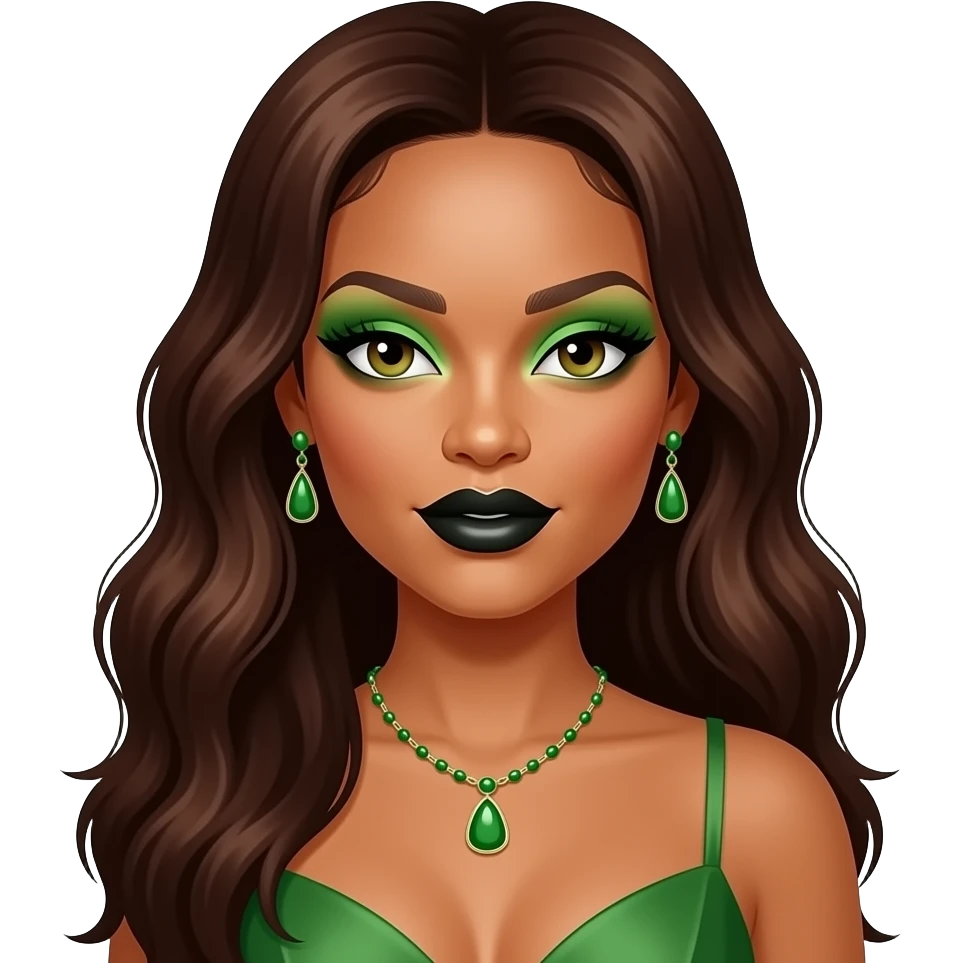 Rihanna with hazel-green eyes, long dark auburn hair, green eyeshadow, black lipstick, green dress, green necklace and earrings emoji