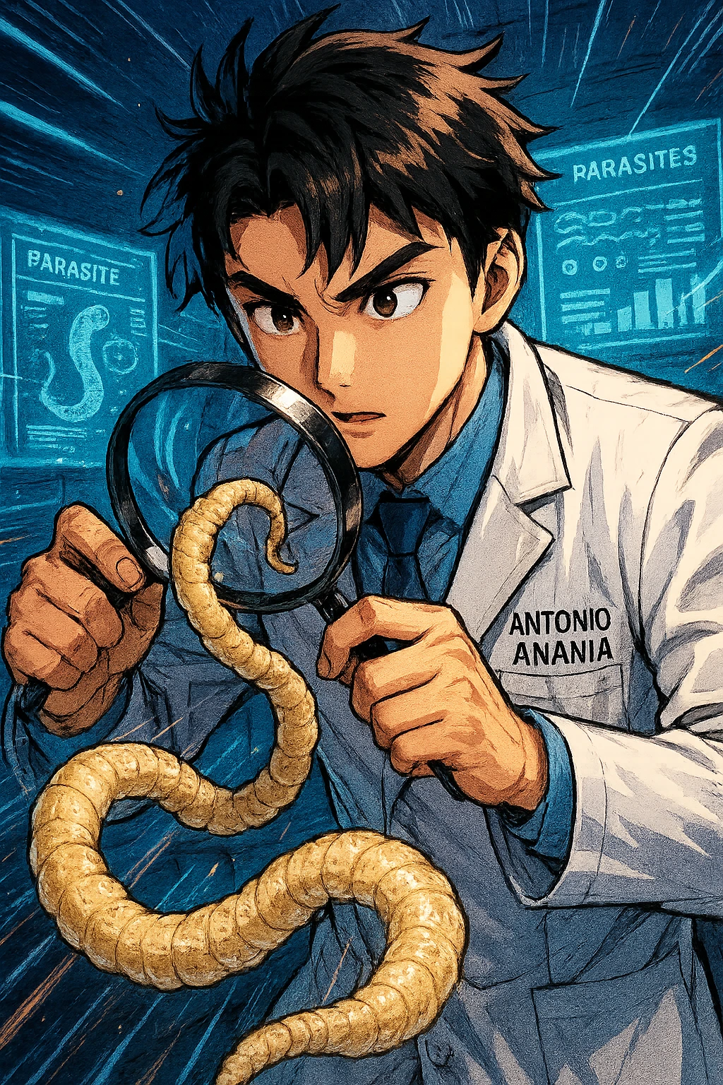 A dynamic manga/webtoon-style illustration of a young male kinesiologist wearing a clean white lab coat, analyzing light beige worms like a tapeworm under a magnifying glass. His expression is focused and slightly intrigued, with sharp, detailed eyes. The art style is vibrant, with bold linework, rich colors, and dramatic lighting. The background is a futuristic laboratory with glowing holographic screens displaying parasite data. The tapeworm is intricately drawn, slimy and segmented, with a slightly exaggerated yet realistic texture. The composition is dynamic, with motion lines or energy effects to emphasize his scientific investigation. The atmosphere is intense but not dark, keeping a balance between scientific seriousness and stylish manga aesthetics, he has "ANTONIO ANANIA" WRITTEN ON WHITE LAB COAT emoji