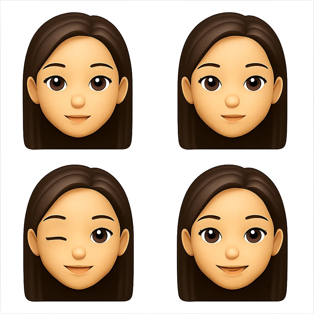 Convert the girl in the image into a set of Apple style emojis with transparent background, focusing only on the face and simple expressions. Apple style emojis do not support text, so keep the expressions concise and clear. emoji