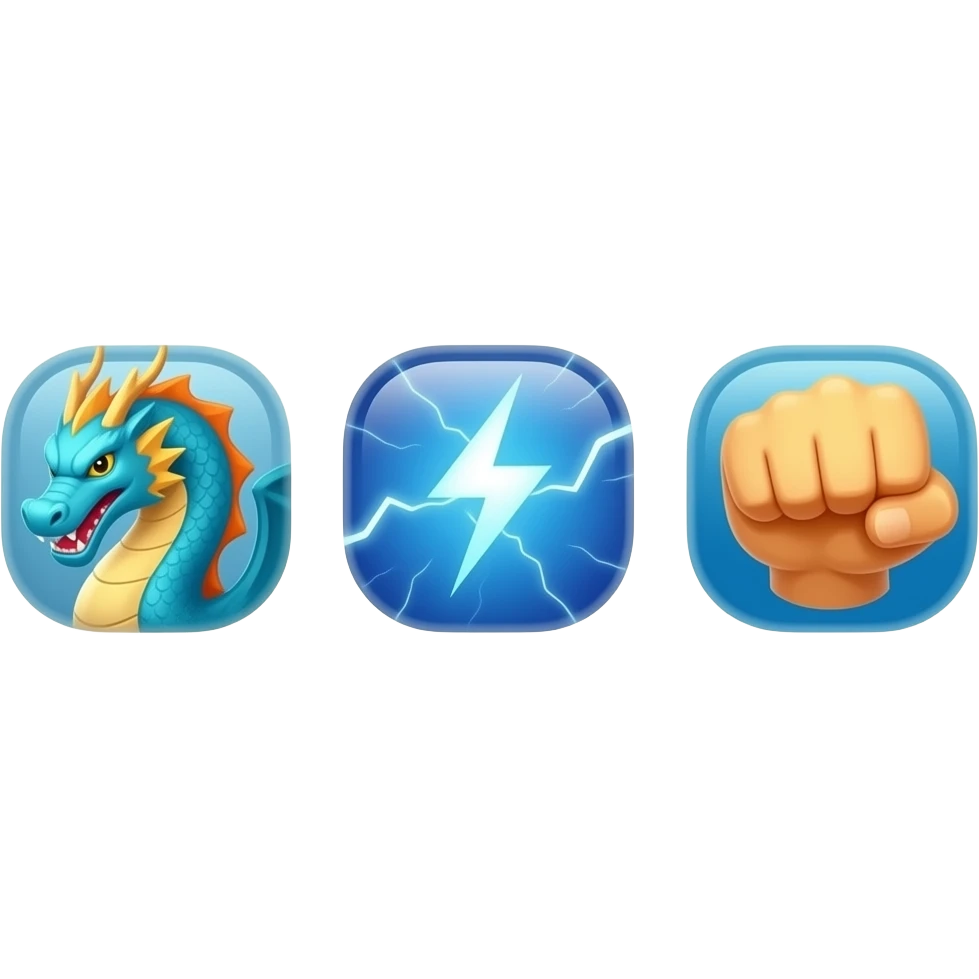 3 separate 3D anime-style icons: (dragon), (lightning energy), (strong punch), exactly 3 icons, each icon isolated, equal size, evenly spaced, no overlap, arranged in a horizontal row, clean white background, vibrant colors, soft lighting, glossy material, consistent style, high quality, 4K emoji