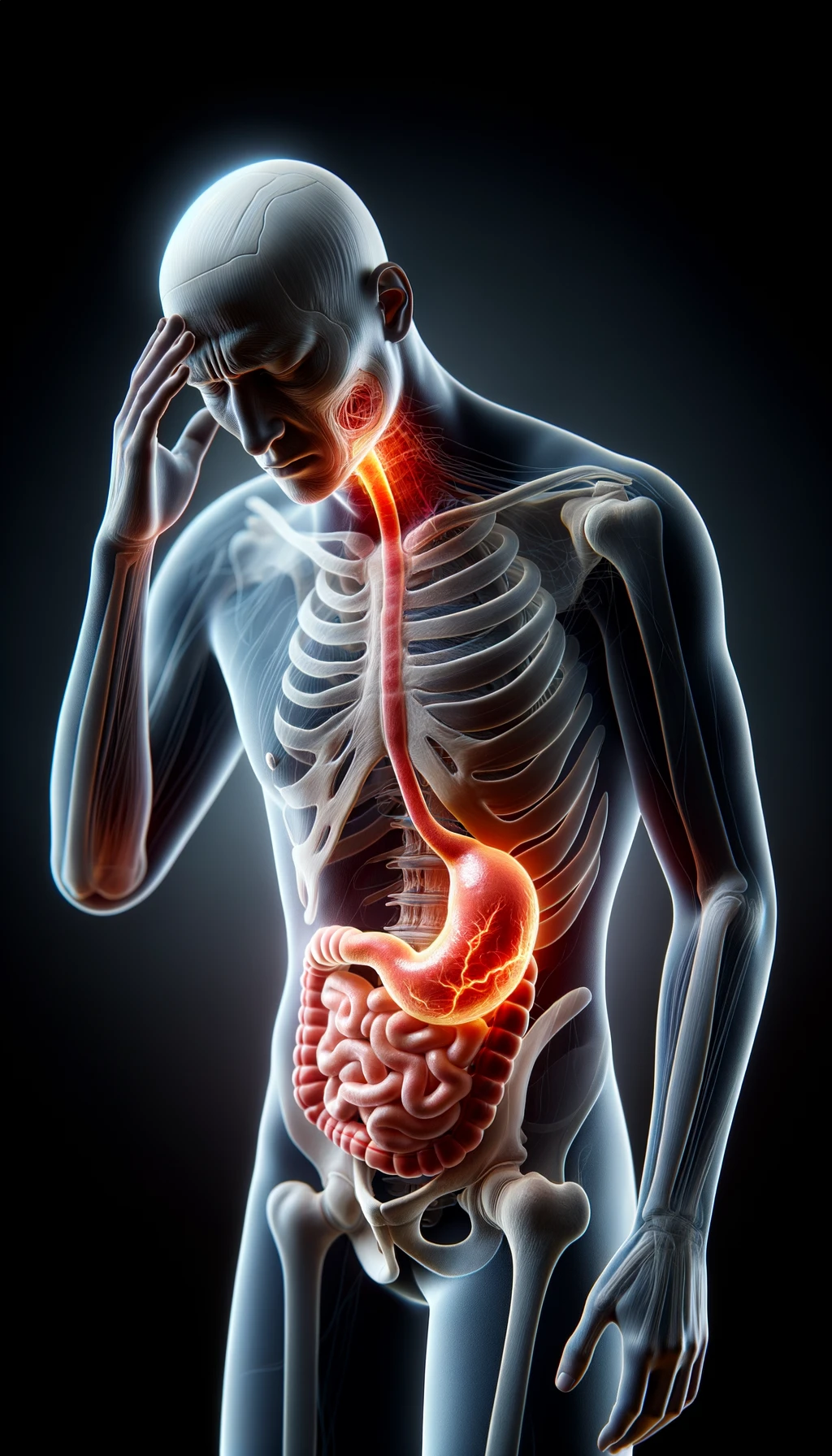 corpo umano anatomico con reflusso e stomaco infiammato, stomaco in evidenza, espressione di dolore in volto, iperrealistico 4k emoji