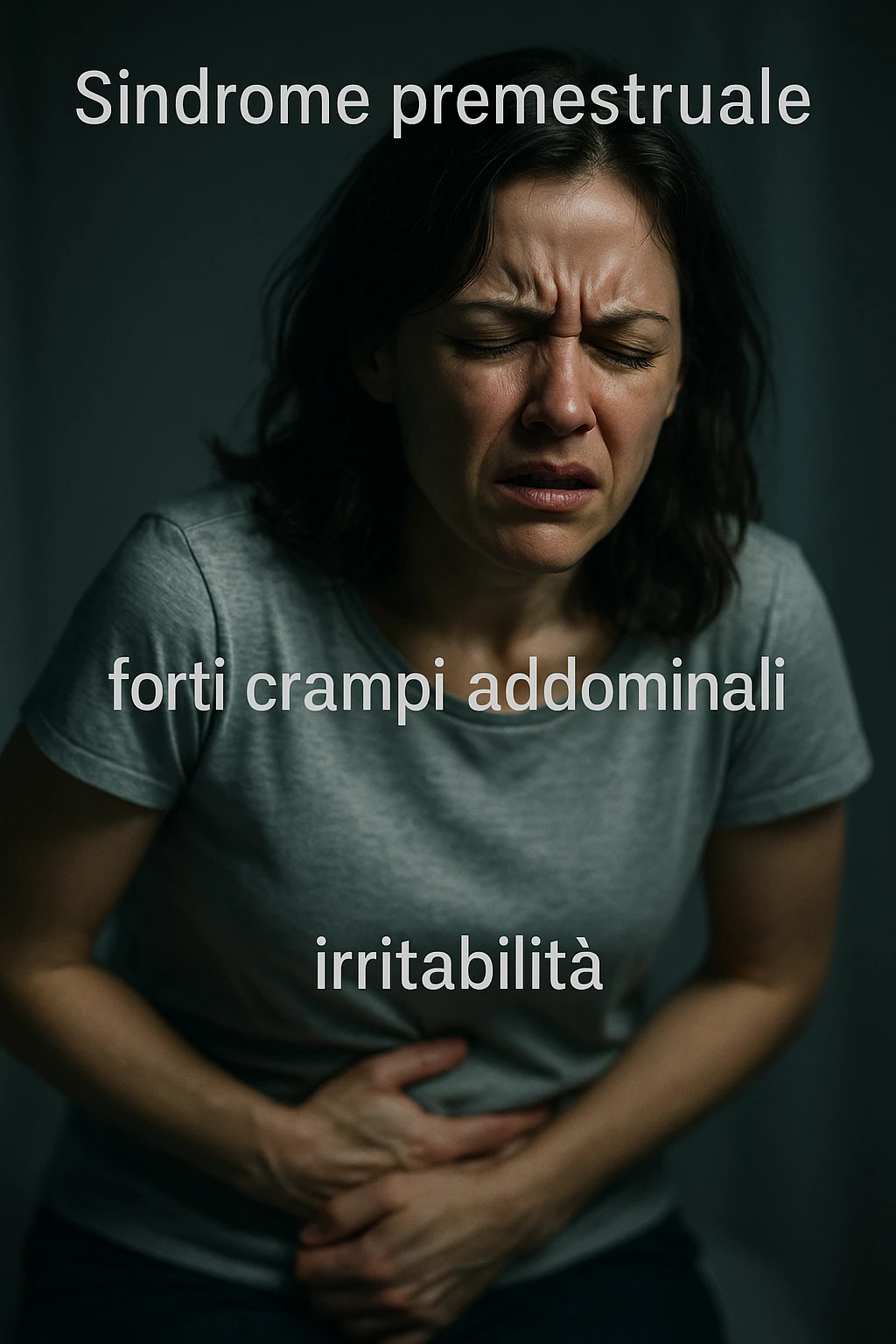realistic and cinematic image of a woman with evident symptoms of premenstrual syndrome, severe abdominal cramps and irritability, suffering expression, clinical dramatic lighting, Italian captions, 2:3 format vertical emoji