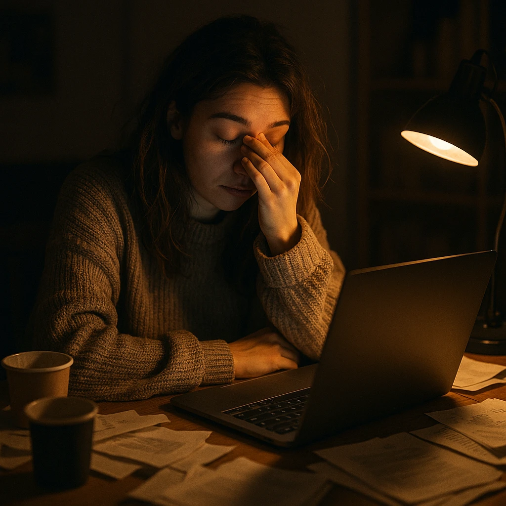 tired blogger with a laptop, rubbing eyes, oversized sweater, cluttered desk, late night vibe, warm lighting emoji