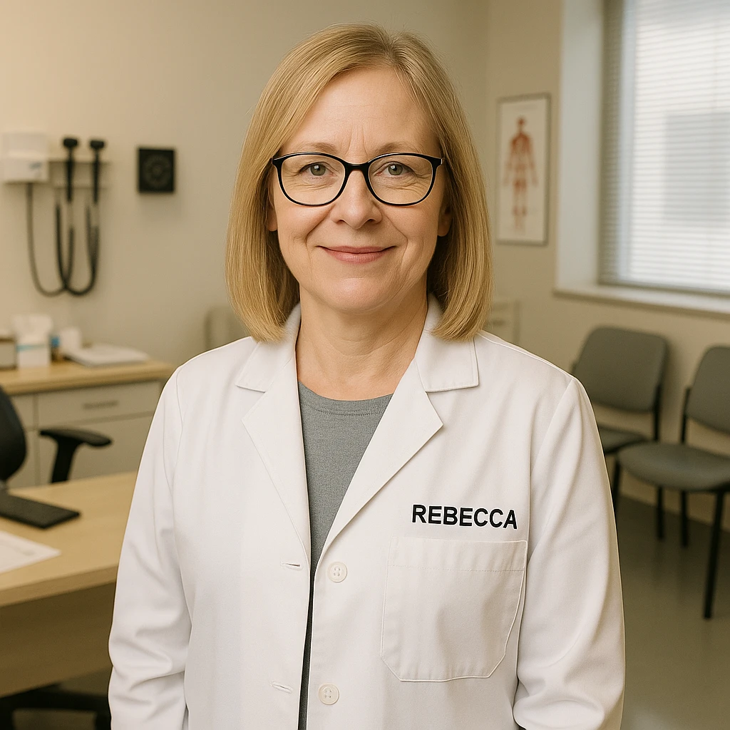 Make Rebecca's hair thinner, blonder, and shoulder length. She should appear slightly older and be smiling, keep her as a doctor in a professional setting, realistic style. emoji