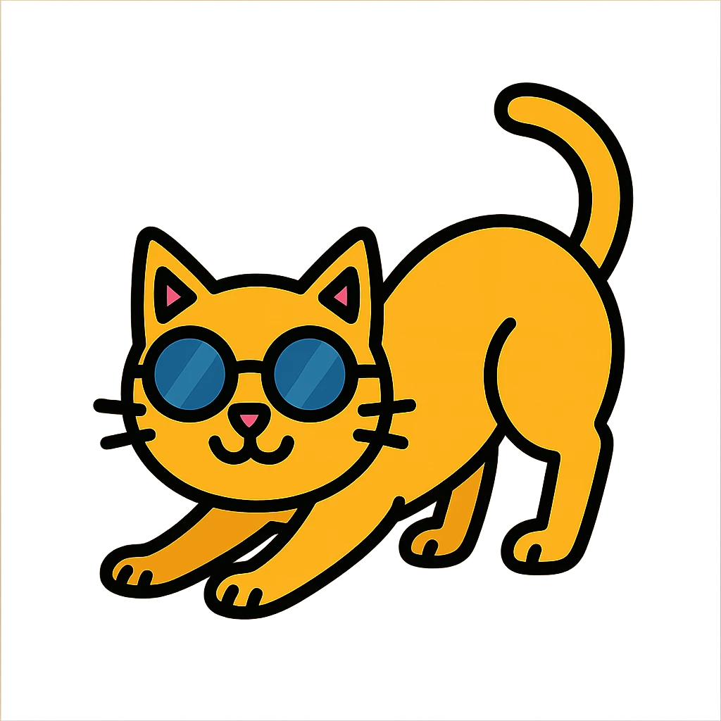 Cat wearing sunglasses in a playful stretching pose, color outline icon style, no background. emoji