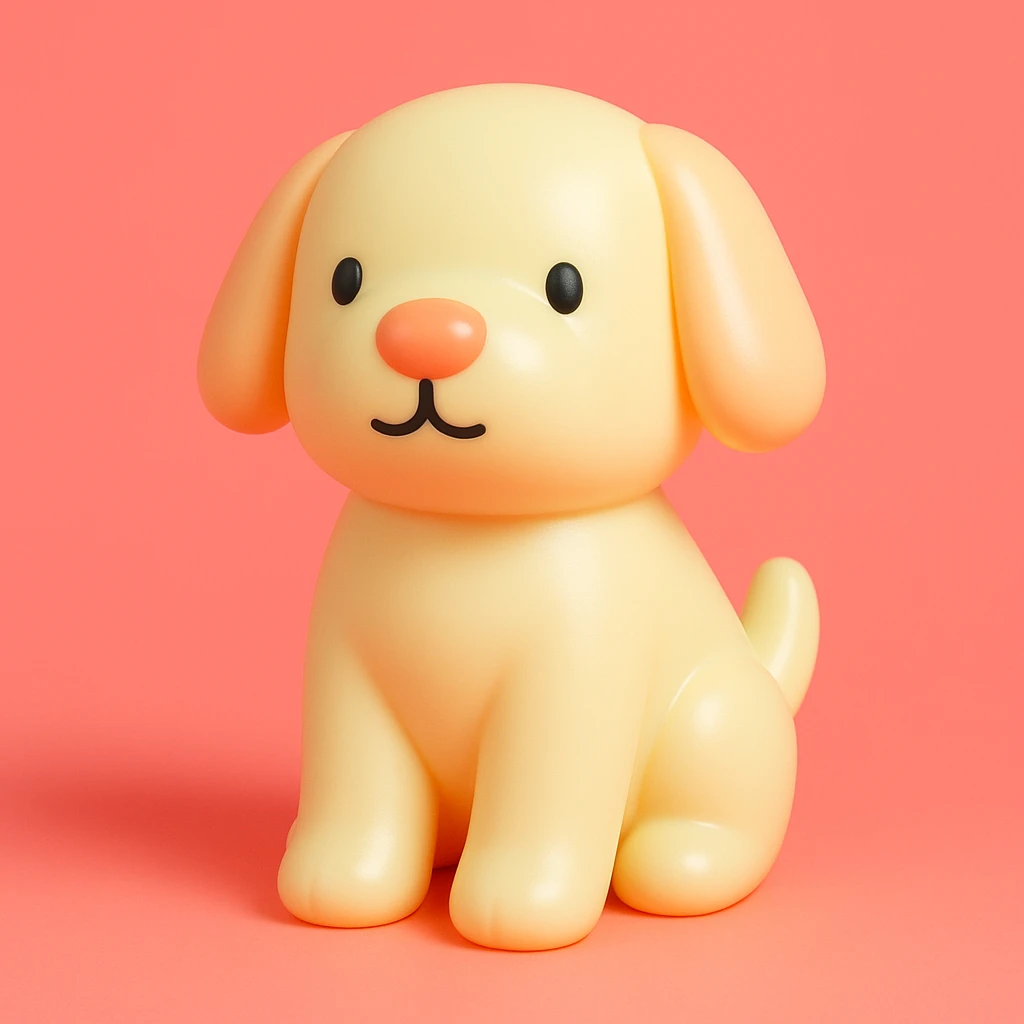               Transform {subject} into a soft vinyl figure with a smooth, glossy surface. The material should look slightly rubbery and tactile, with minimalistic curves and a matte-gloss hybrid finish. Use pastel or soft solid colors. The surface is seamless, with no visible textures or roughness. Studio lighting, vibrant background, clean, playful, designer toy aesthetic. {subject} = dog emoji