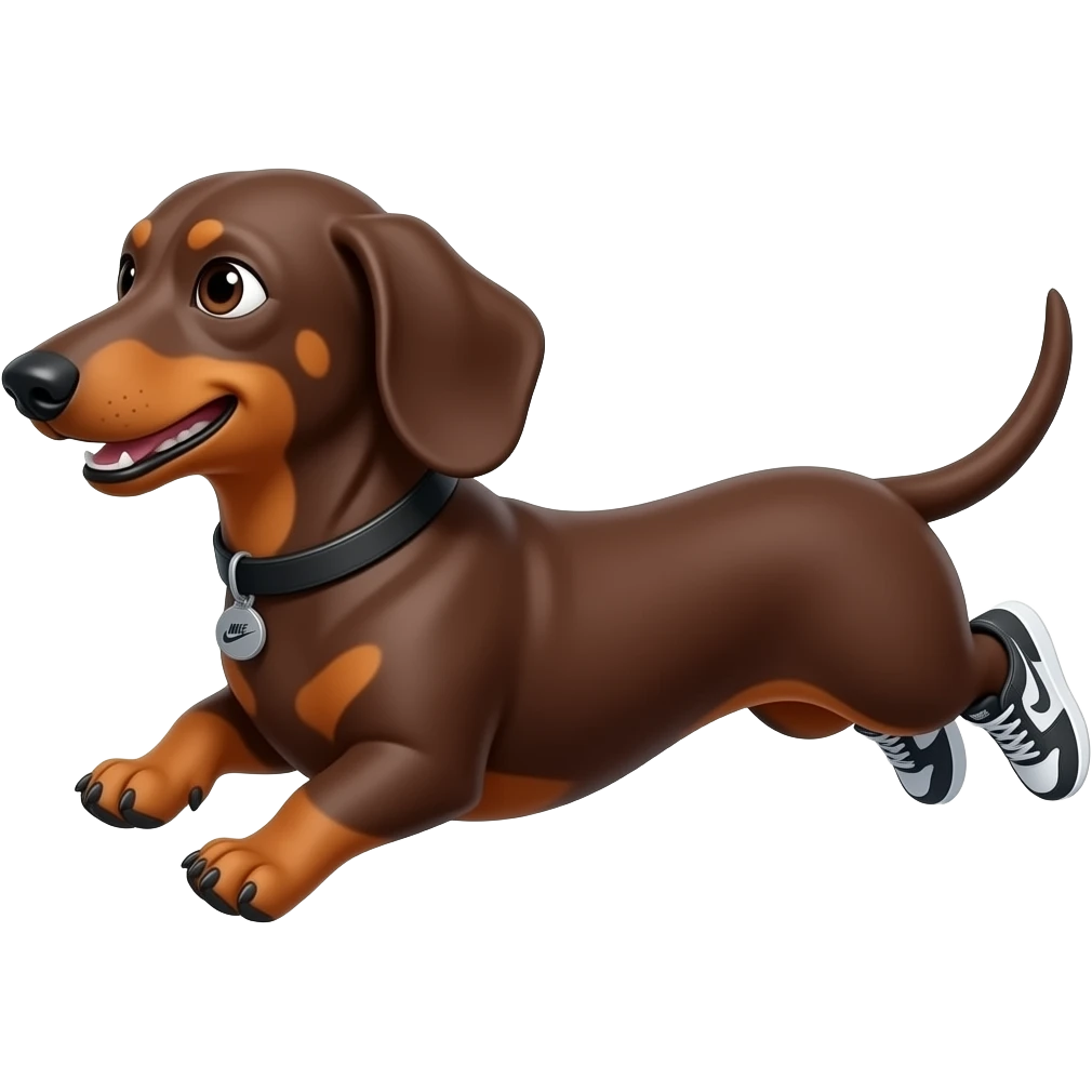 Perro salchicha color chocolate corriendo usando tenis Nike emoji