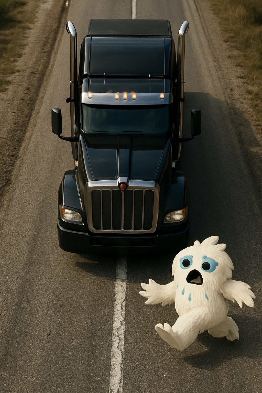Make the scene more realistic: a small furry abominable snowman on a long road in front of a black Kenworth W680 flat top semi truck, top-down view, realistic details, no text. emoji