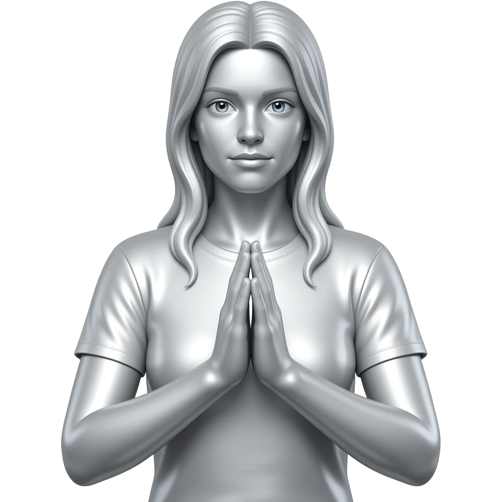 Create an emoji of a seated female figure in metallic silver. The woman is making a gesture with her hands clasped together. The background is white. The final result must have maximum resolution, high contrast, and extreme sharpness. Illustration style: Vintage – Art Deco – 2D emoji