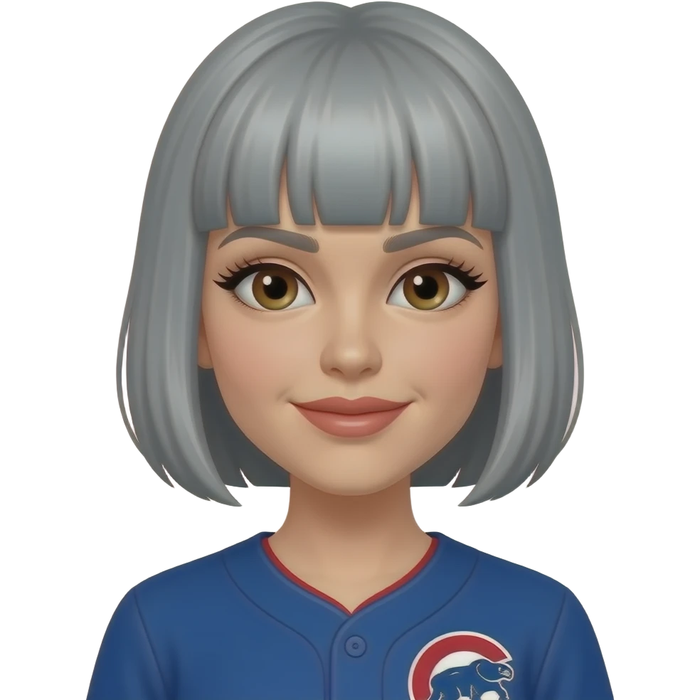 Chicago cubs fan woman,  gray short hair bangs, brown eyes coral lips long lashes emoji