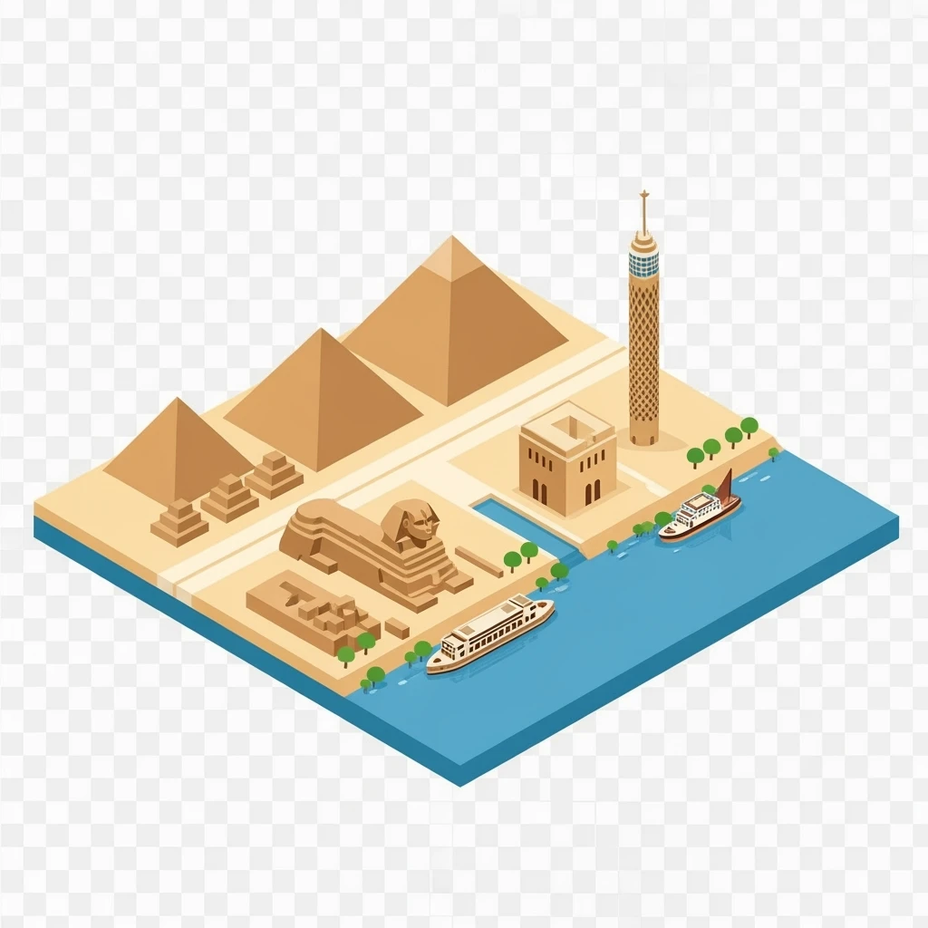 Isometric minimalistic illustration of Cairo – Pyramids of Giza, Sphinx, Cairo Tower, Nile riverbanks, subtle 3D miniature effect and Tilt Shift effect, no cartoonish look, transparent background. emoji