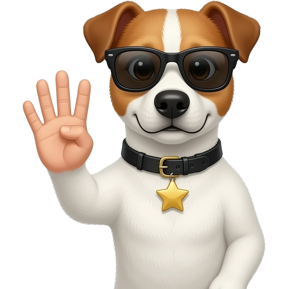 A dog w sunglasses sticking up the middle finger with five fingers emoji