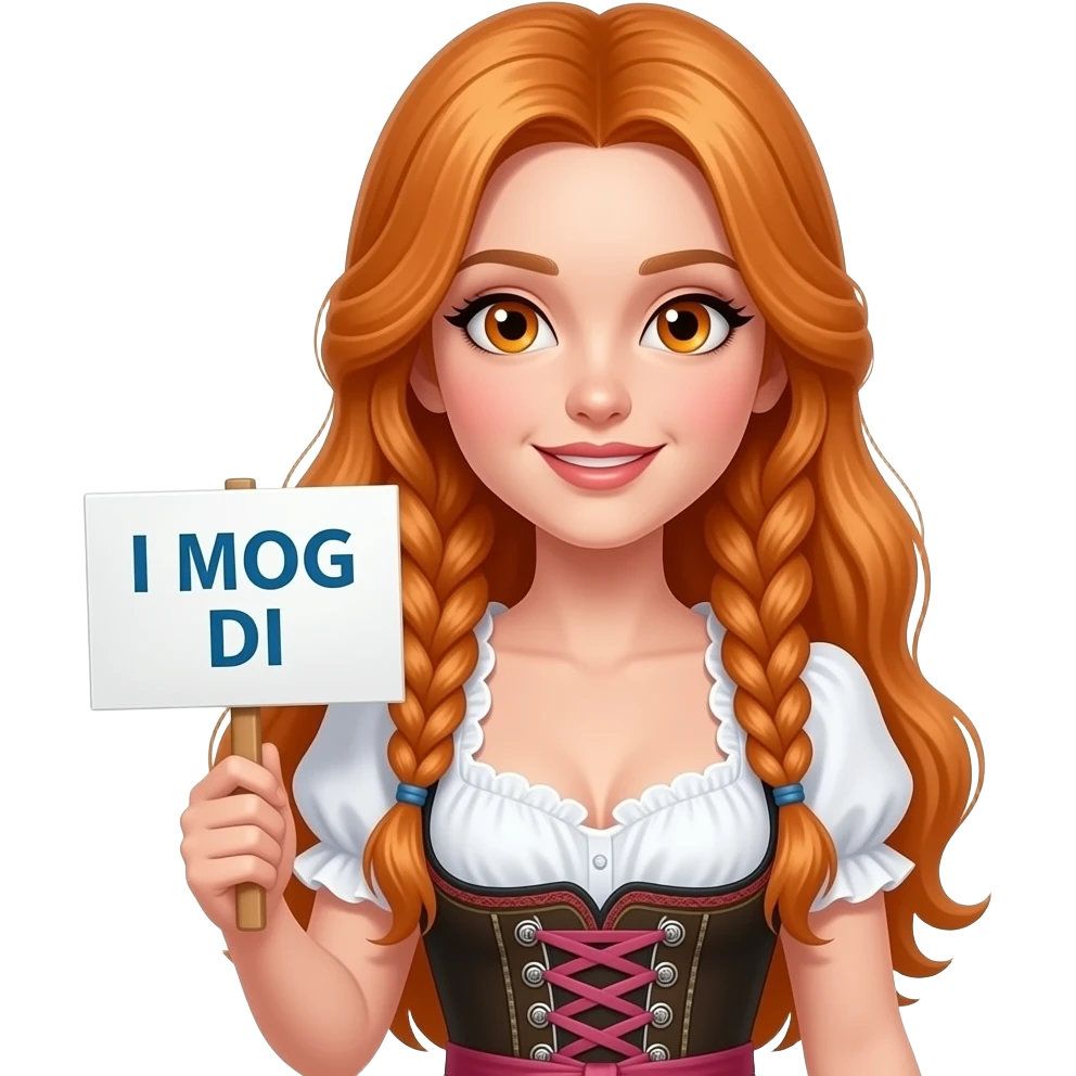 sexy girl with overlong ginger hair in braids and ginger eyes wearing a dirndl holding a I MOG DI sign emoji