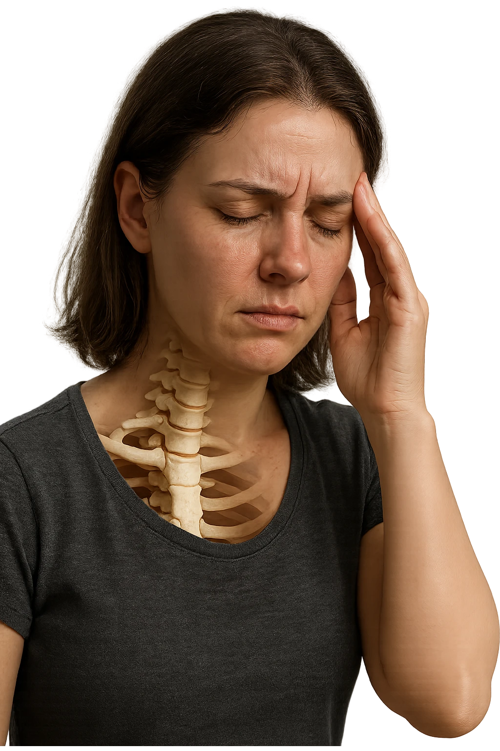donna stanca che si tiene una mano sulla tempia con spina dorsale anatomica visibile, iperrealistico 4k emoji