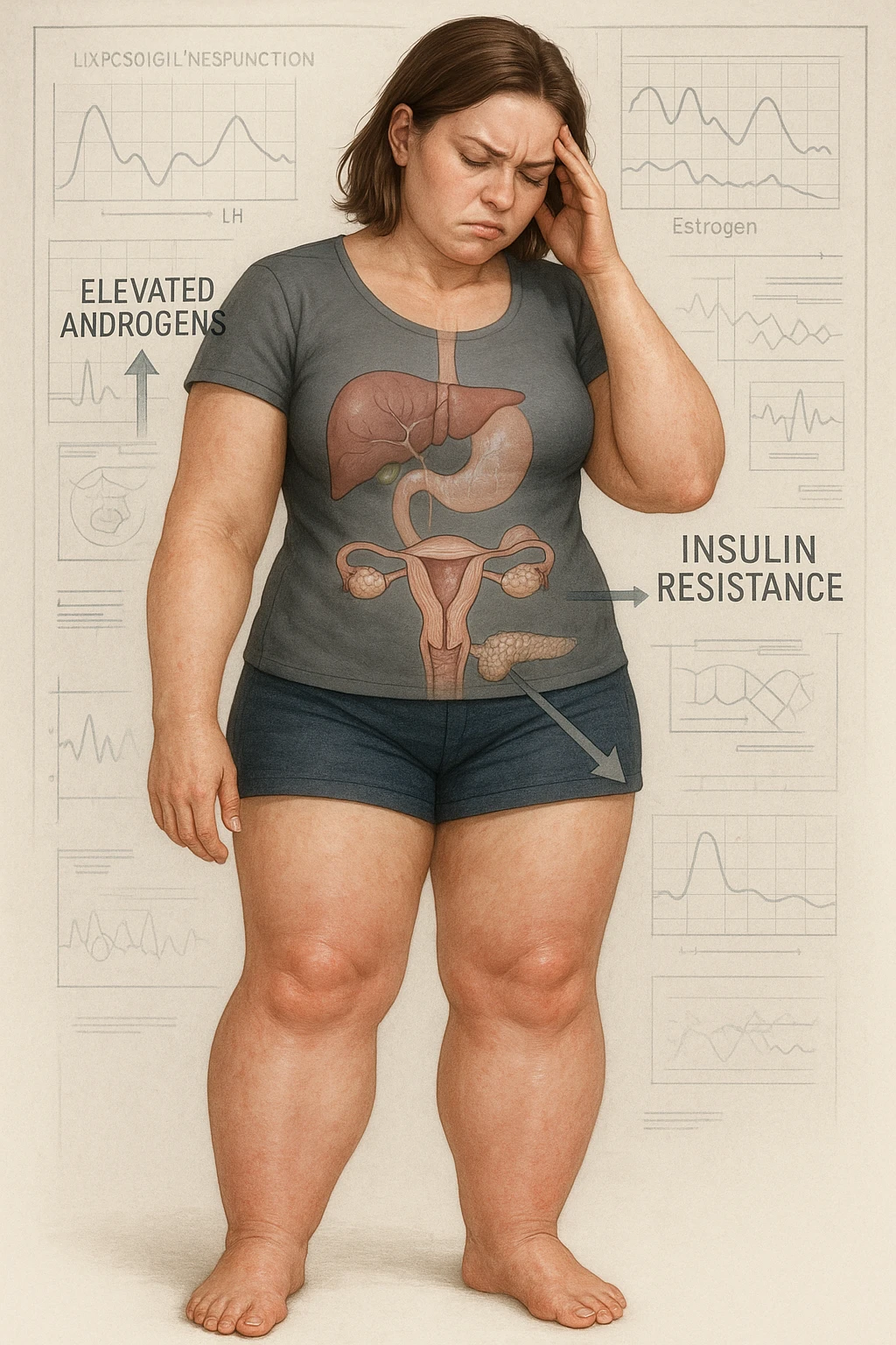 Woman with PCOS struggling with hormonal chaos, transparent overlay showing elevated androgens and insulin resistance affecting her body, lipedema causing disproportionate fat accumulation in legs and arms despite normal torso, expression of frustration with unexplained weight gain, medical charts showing complex endocrine dysfunction, painful swollen limbs contrasting with metabolic confusion emoji