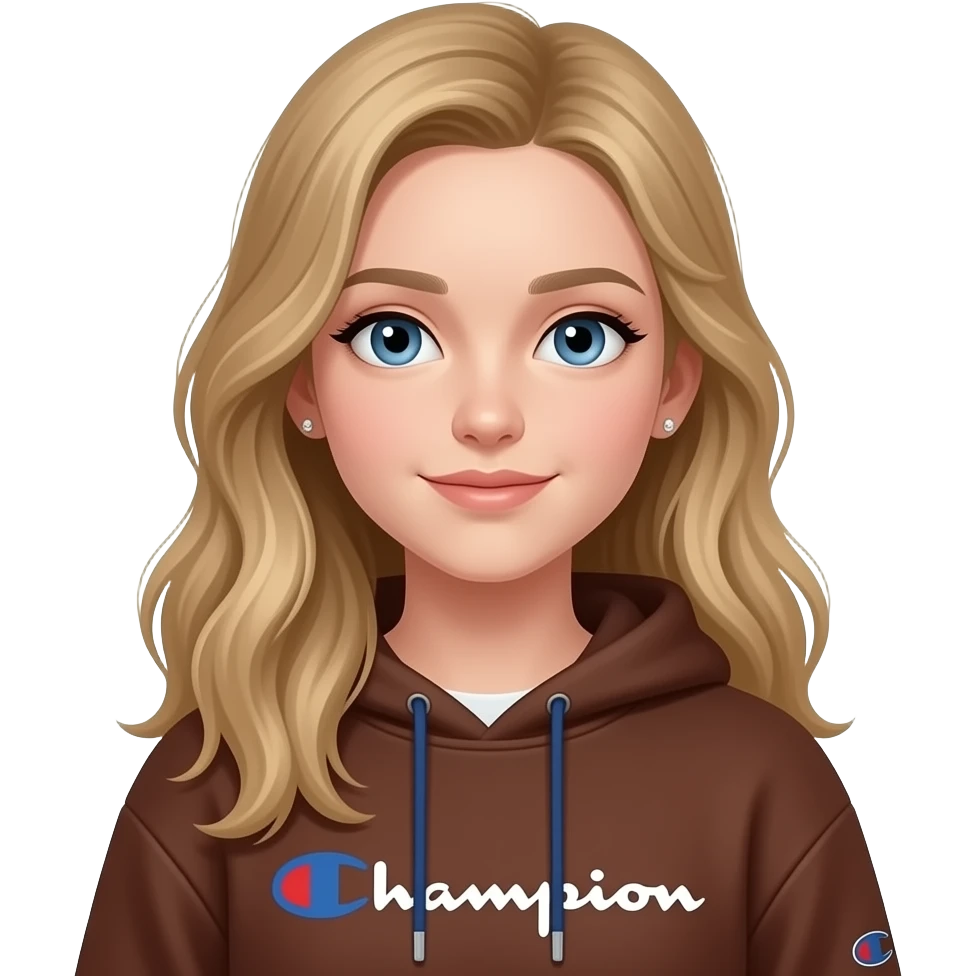 6th grade girl waring a brown champion sweatshirt with her hair down with earings her skin color is white and she has dirty blonde hair emoji