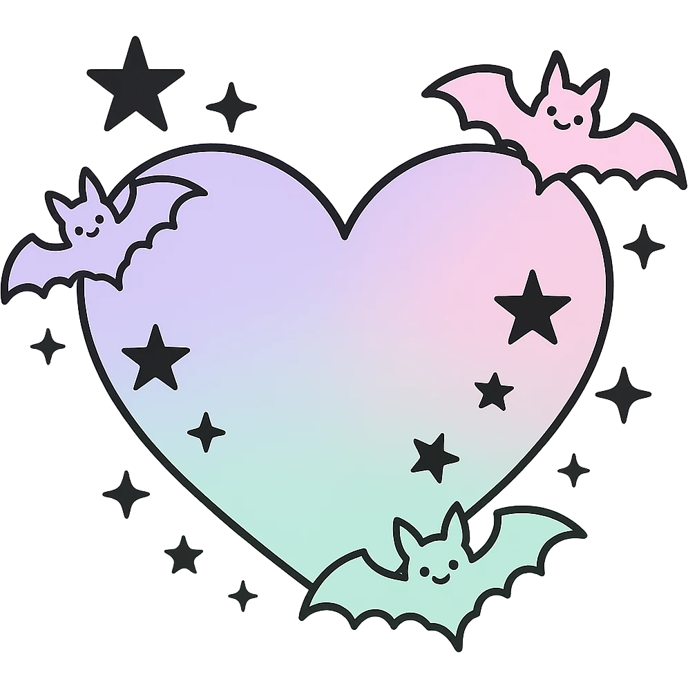 pastel goth heart with pastel bats and black stars ,remove background emoji