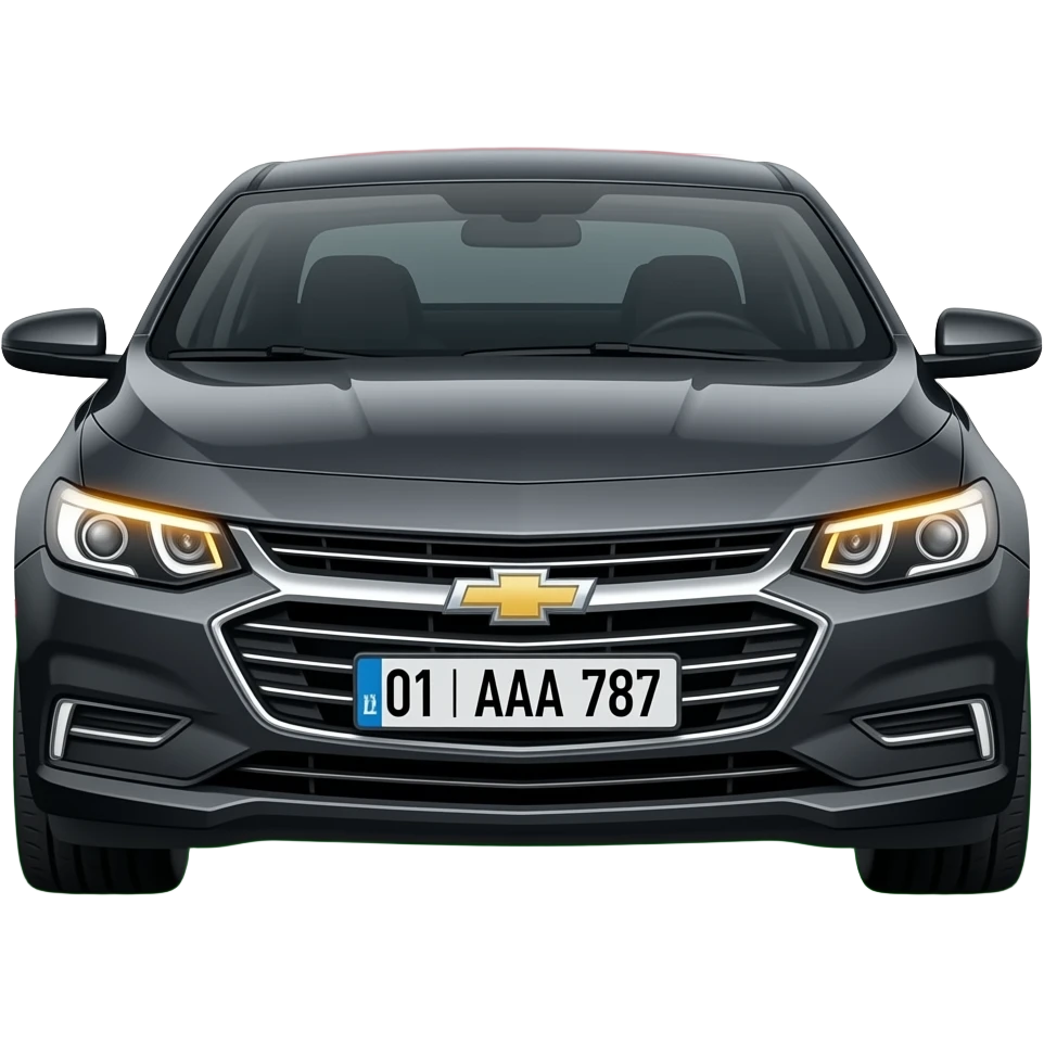 A realistic icon emoji of a metallic black sedan Chevrolet Malibu 2.0L Turbo Premier, dark charcoal tint windows, black alloy 5-spoke rims, Dynamic amber glow LED headlights with sharp laser-beam effect, uzbekistan region flag, number texts "01 | AAA 787" in plate emoji