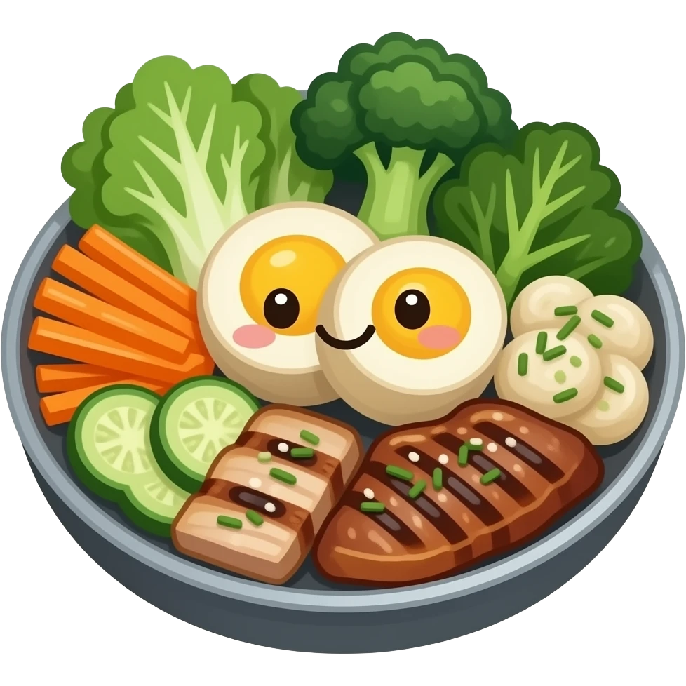 kawaii gopchang platter emoji, grilled meat and vegetables on a pan, simple cute icon style\ emoji
