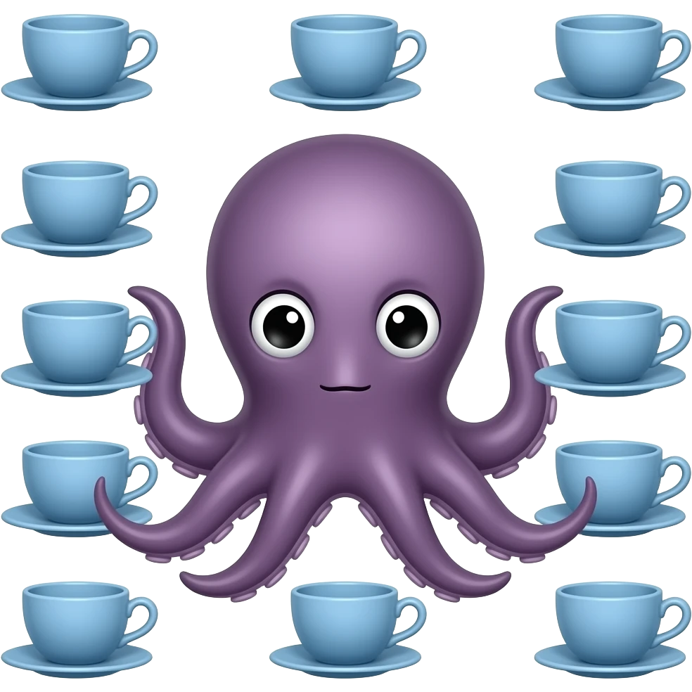 octopus with blue teacup set with identical arrangement, calm expression, rounded silhouette. emoji