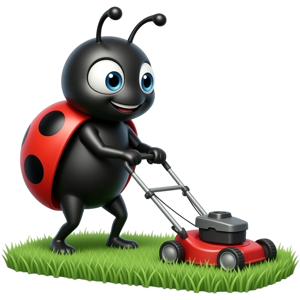 a ladybug mowing the lawn with a lawn mower emoji