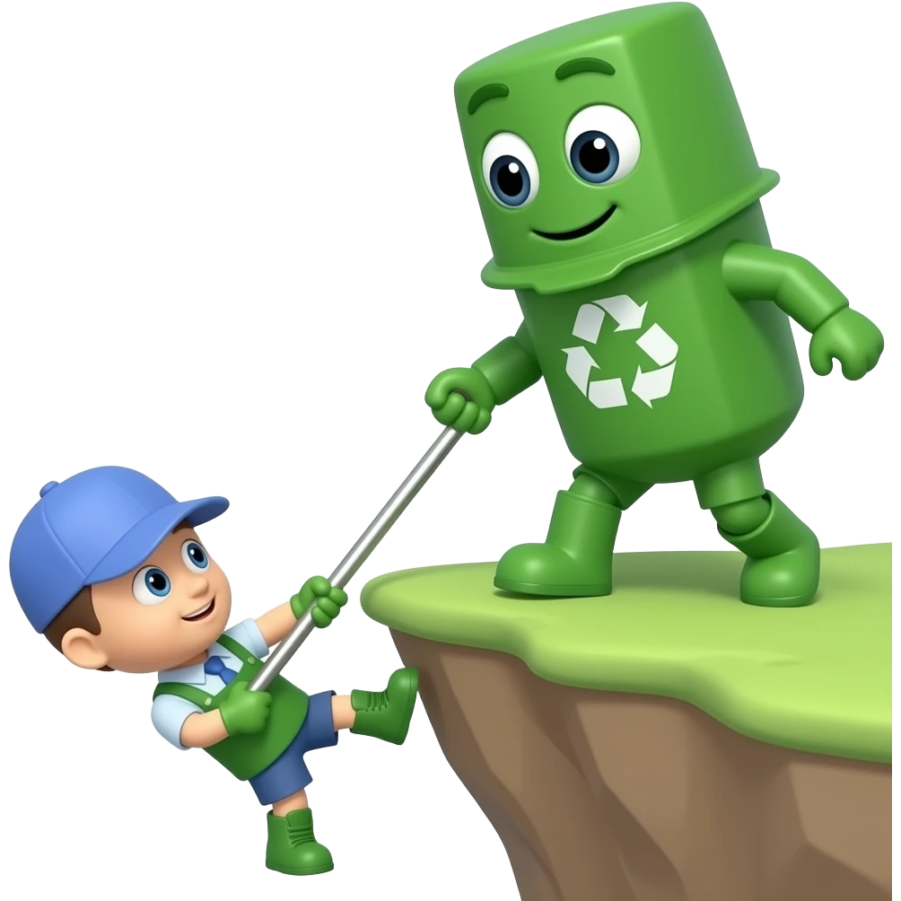 extremely simple recycling theme character pulling up another character from a mountain ledge looking straight on emoji