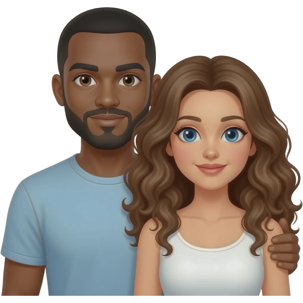 Bald, black, no mustache, short bearded man holding white long curly brown haired white woman emoji