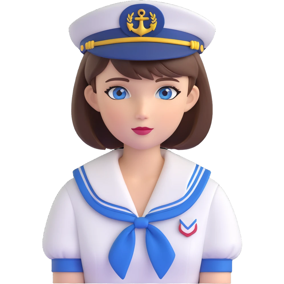 female sailor, short brown bob haircut, blue eyes, classic sailor hat, transparent background emoji