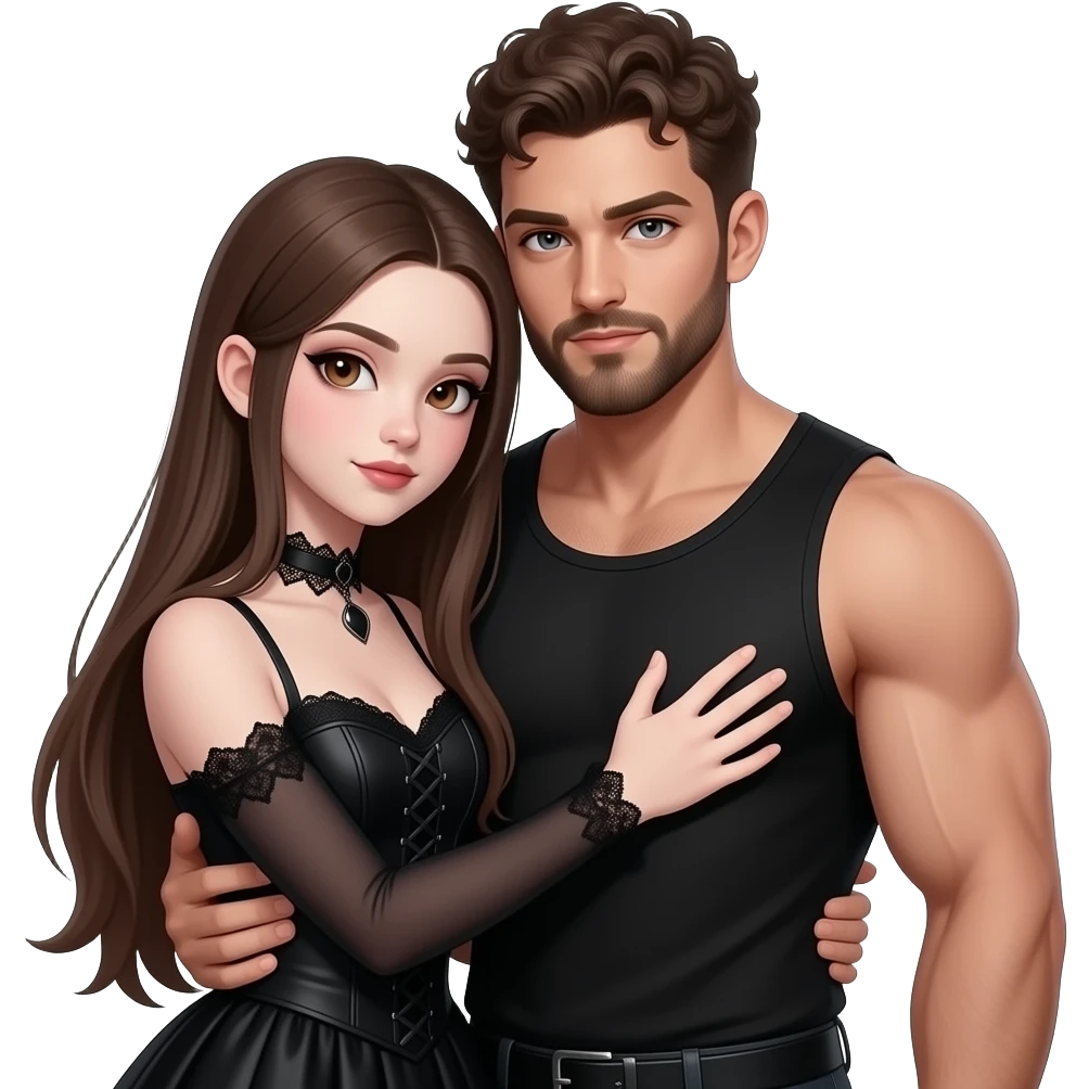 realistic pretty pale skin long straight brown hair girl brown eyes long face wearing gothic dress and gothic makeup HD and her muscular man short brown curly hair and beard hugging emoji