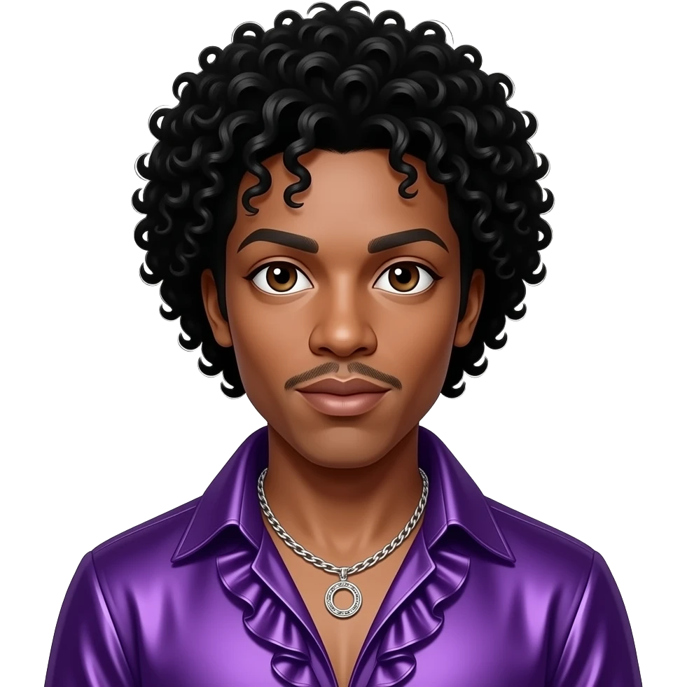 Prince Rogers Nelson with dark brown eyes, black jerri curl hair, purple metallic ruffle shirt, silver necklace emoji