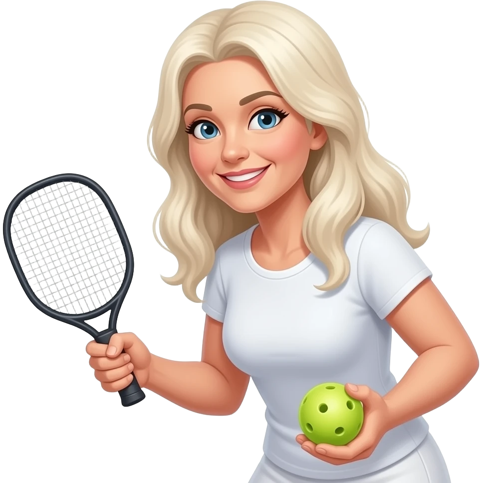 athletic grandma pickle ball player with long blond hair holding a paddle and one pickle ball emoji