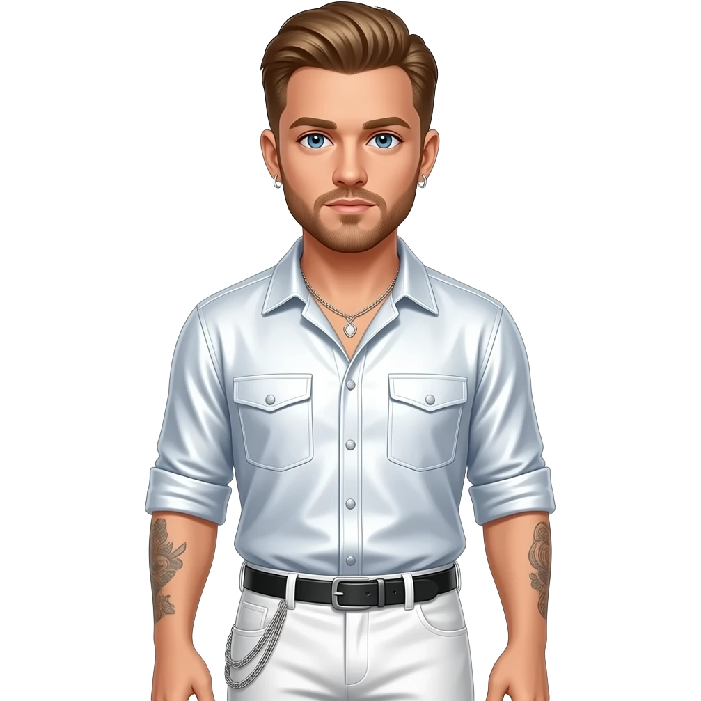 Justin Timberlake with blue eyes, light brown hair, white metallic sleeves shirt, white metallic baggy pants with chain, necklace and short earrings emoji