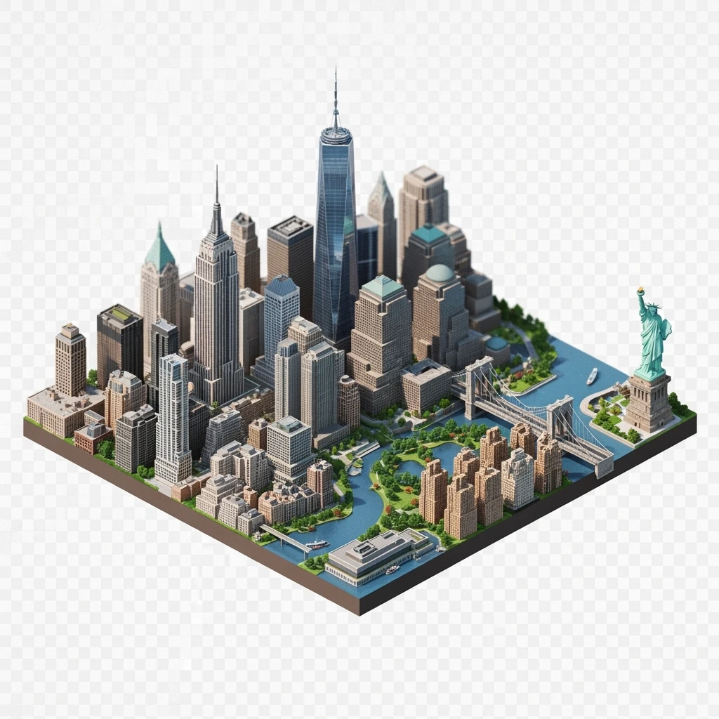 Isometric miniature of New York Сity Empire State Building, One World Trade Center, Statue of Liberty, Brooklyn Bridge, and Central Park 3D miniature effect and Tilt Shift effect, no cartoonish look, transparent background. emoji